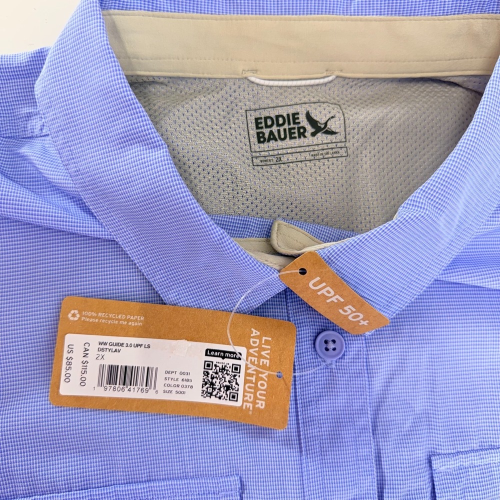 Eddie Bauer Women's Guide 3.0 UPF Roll Tab Long Sleeve Blue Travel Shirt 2X Plus - Picture 7 of 10